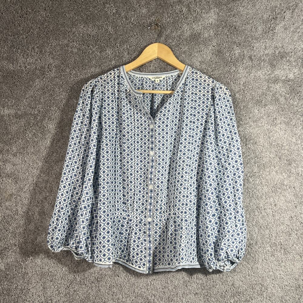 Max Studio Women Small Blue Floral Sheer Button Up 3/4 Sleeve Blouse Top NWT